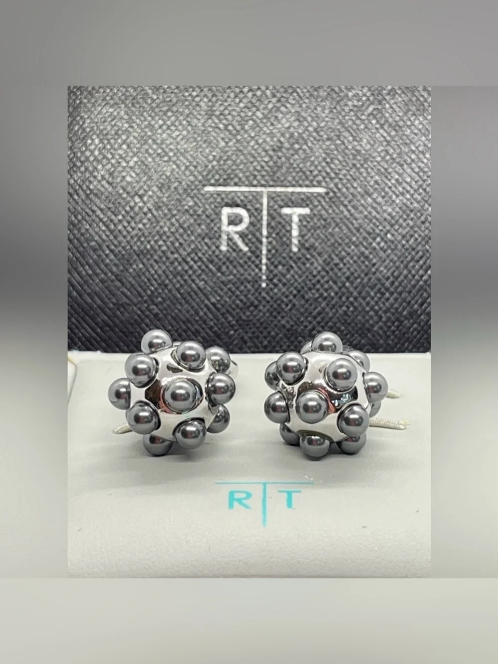Tateossian Pearl Ball Cufflinks Silver Tone Gray Boxed Designer Luxury Modern
